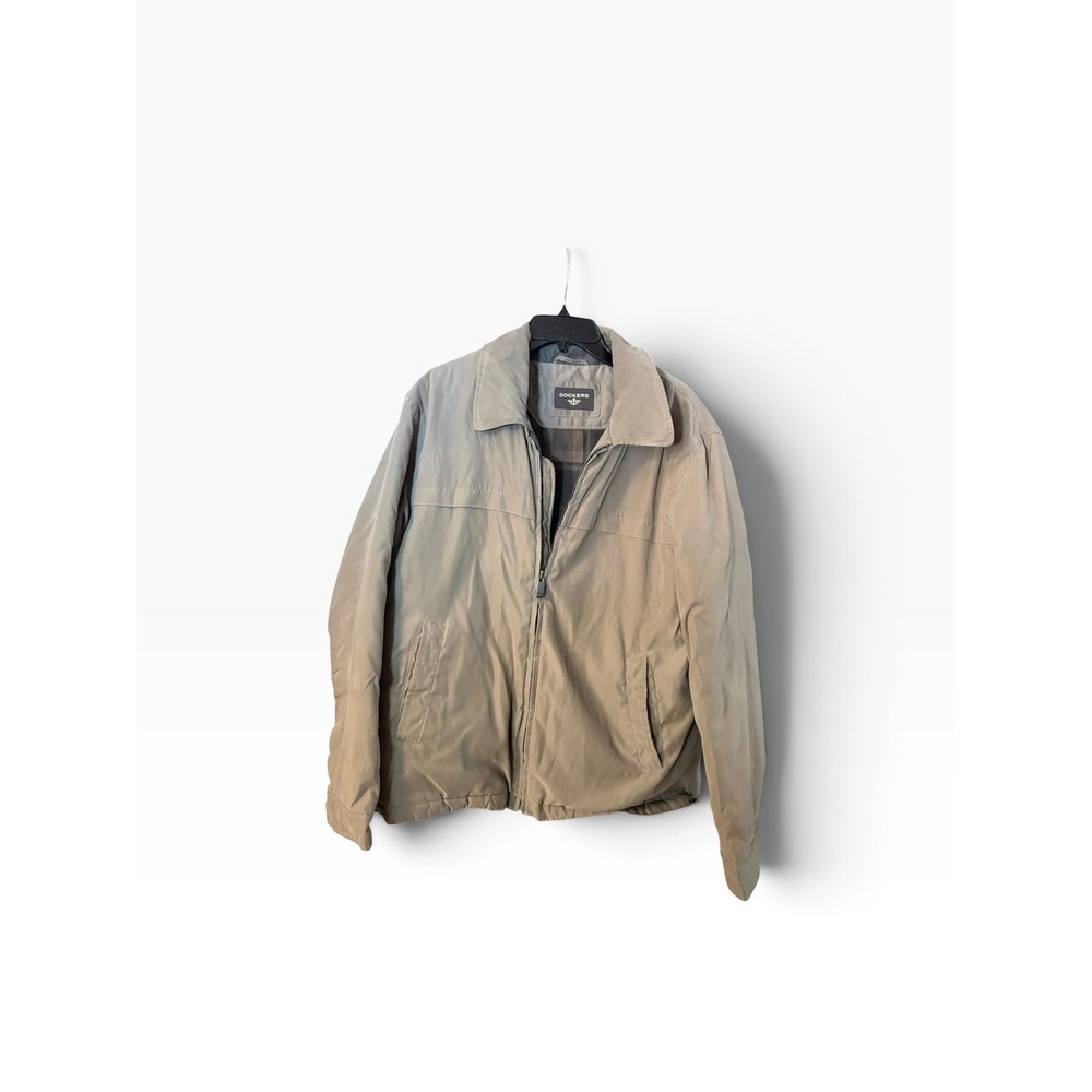 Dockers Mens Harrington Jacket Tan Khaki Plaid Lined Full Zip Size L